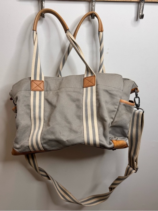 Pottery Barn Kids Other - Pottery Barn Kids Gray Canvas Stripe Tote with Tan Leather Trim